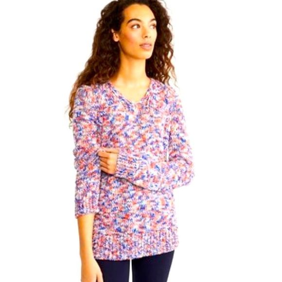 Lou & Grey Blue Space Dye Marled V-Neck Sweater - Picture 1 of 8